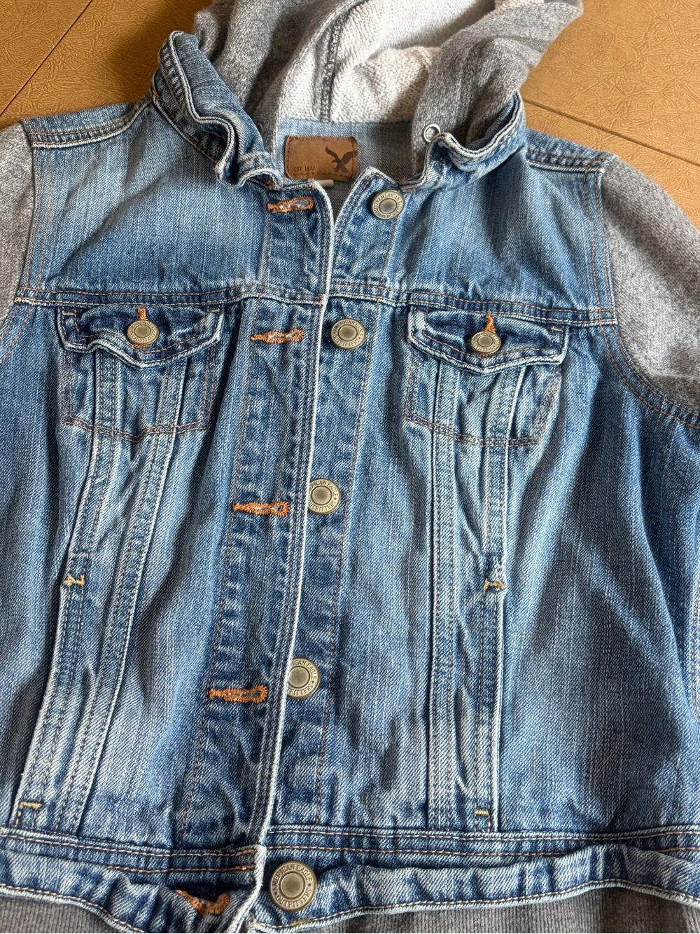 American Eagle Outfitters Light Blue Denim Jacket with Gray Hood & Sleeves